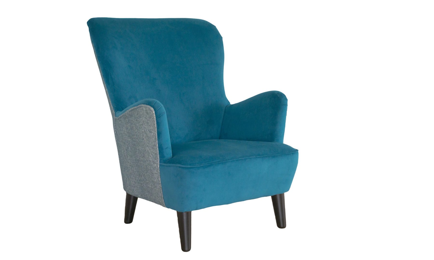 Holly Chair in Plush Mallard, back panel in Loisa Herringbone Ocean, Silver Collection