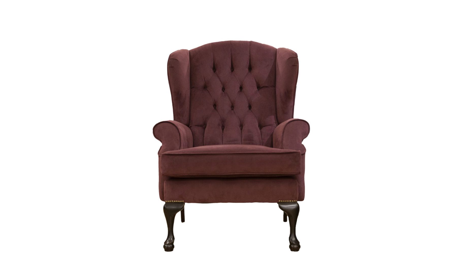 Queen Anne Chair Deep Button Back in Plush Brinjal, Silver Collection Fabric