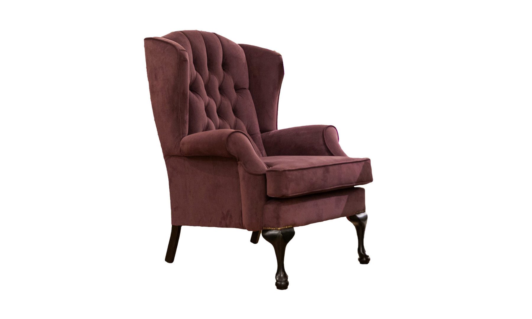 Queen Anne Chair Deep Button Back in Plush Brinjal, Silver Collection Fabric