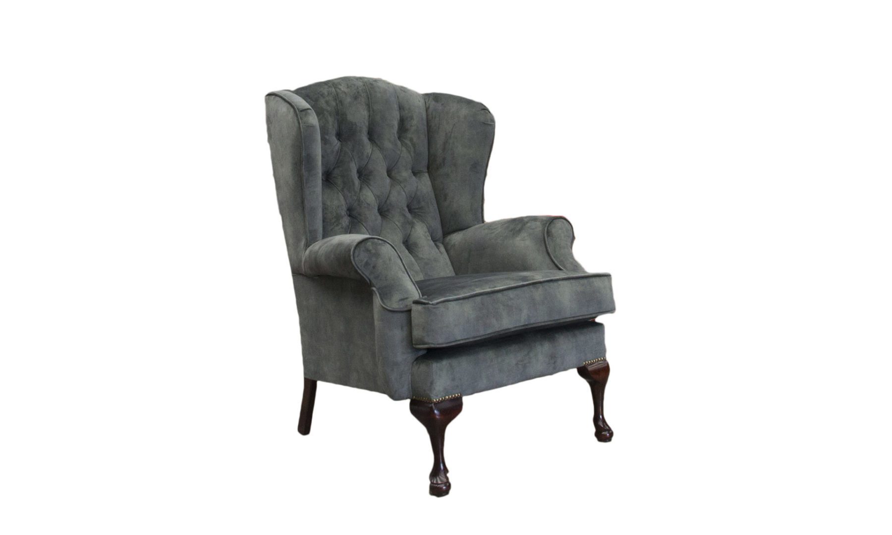 Queen Anne Chair Deep Button Back in Lovely Jade, Gold Collection Fabric