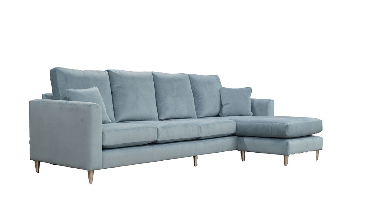 Nolan 3 Seater Chaise End Sofa, Bespoke, Self Seamed, High Back Cushions, Plush Airforce 