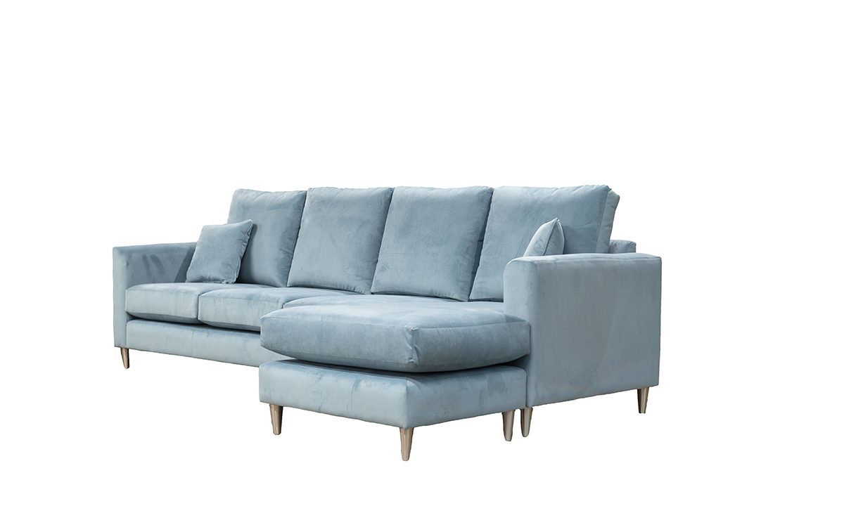 Nolan 3 Seater Chaise End Sofa, Bespoke, Self Seamed, High Back Cushions, Plush Airforce 