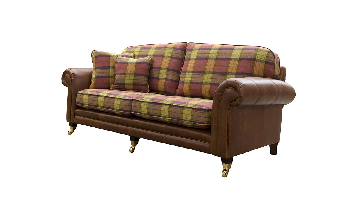 Grand Eloise Sofa,  Mustang Tan Leather & Wool Plaid Fruit Salad