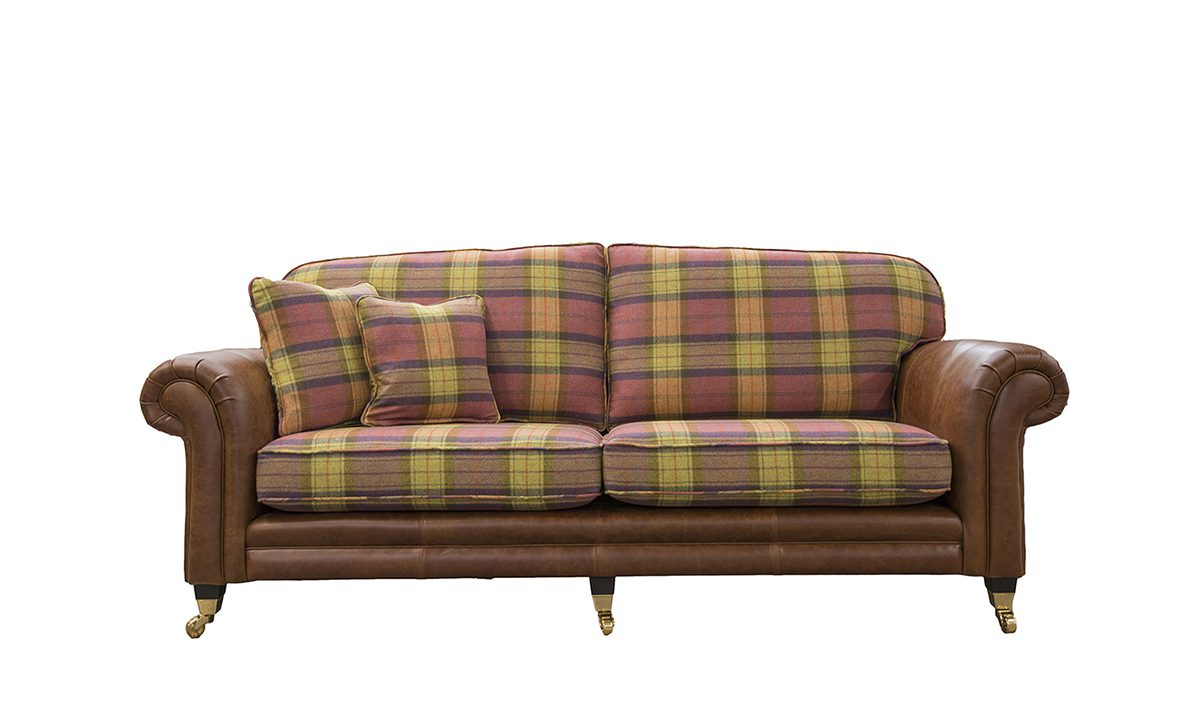 Grand Eloise Sofa,  Mustang Tan Leather & Wool Plaid Fruit Salad