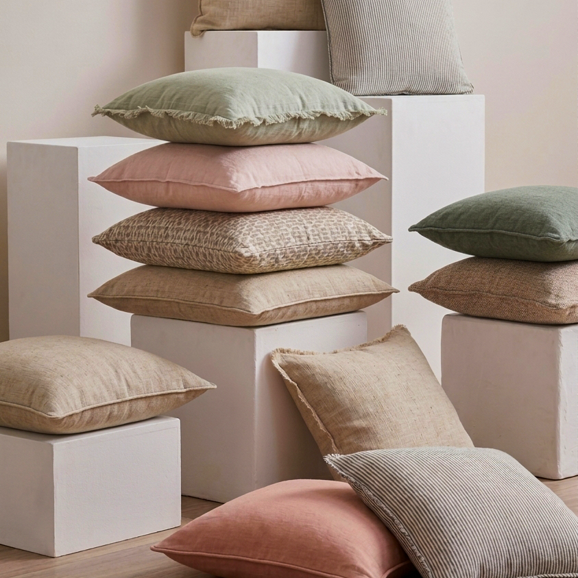 A stack of Finline cushions in a mix of fabrics