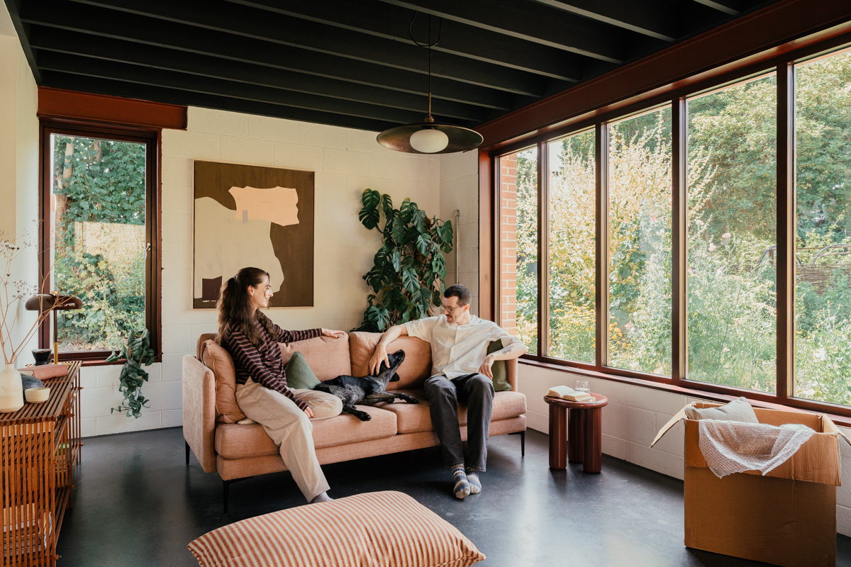 The Marco Sofa in Swift Blush, freshly placed in Molly and Garth's living room.