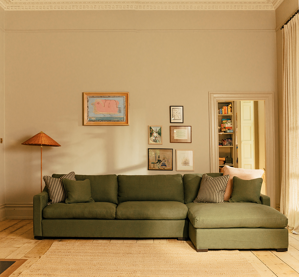 The Hudson Lounger in Pure Linen Fern.